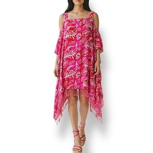 4/$20 Mango Tree Hawaii Pink Tropical Print Fringe Beach Cover Up One Size